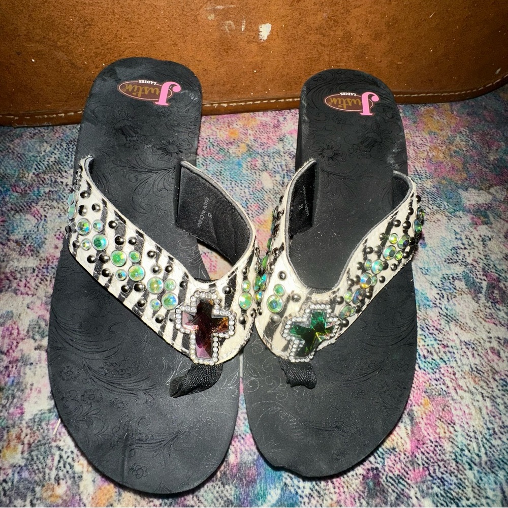 (Justin Boots) Zebra Print Cross Wedge Flip-flops
